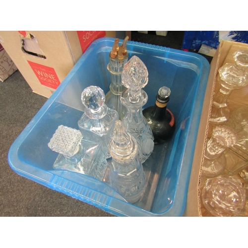 1458 - Three boxes of glass decanters, cut glass examples etc