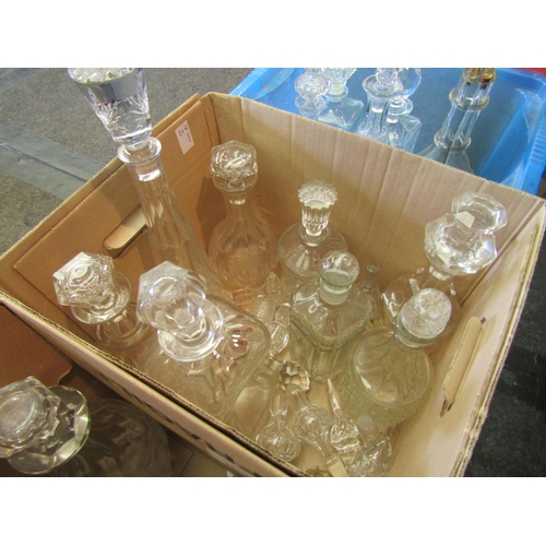 1458 - Three boxes of glass decanters, cut glass examples etc