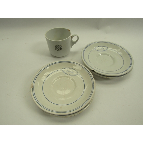 4063 - An LNER drinking cup and four similar LNER saucers, all a/f   (E) £12-18