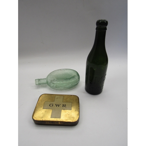 4065 - A green glass LMS Hotels bottle, Spiers & Pond glass flask and a GWR tin (3)