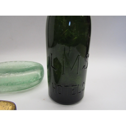 4065 - A green glass LMS Hotels bottle, Spiers & Pond glass flask and a GWR tin (3)