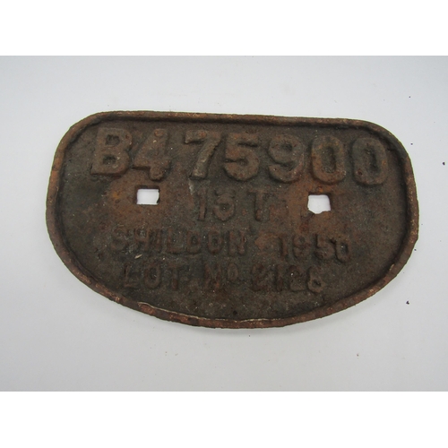 4078 - A cast iron wagon plate B475900 13t, Shilton, dated 1950