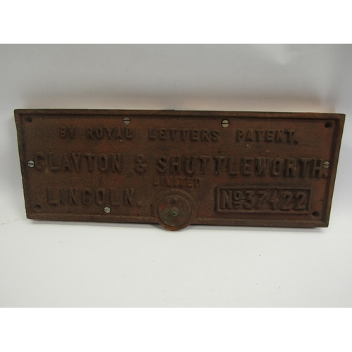 4079 - A cast iron Claydon & Shuttleworth Limited Lincoln Works plate on wodoen back, 49.5 x 18cm