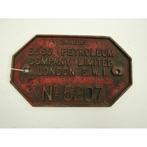 4088 - A cast iron plaque - Owners Esso Petroleum Company Ltd London, No 5207, 23cm long