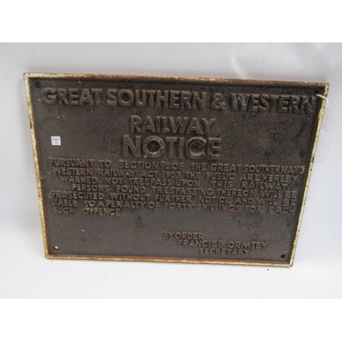 4092 - A cast iron sign - Great Southern & Western Railway Notice, 38.5 x 27cm