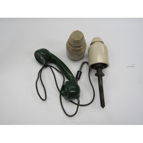 4099 - Two LNER ceramic insulators, one still on retaining pole and a lineside plug in telephone handset (3... 