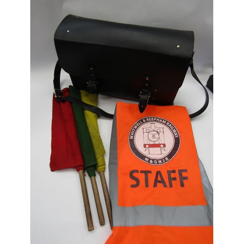 4111 - A guards satchel, three flags and hi-vis gillet attributed to the Whitwell & Reepham Railway   (E) £... 