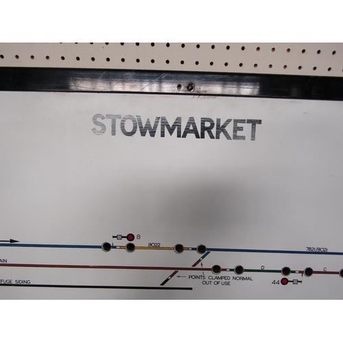 4152 - A framed STOWMARKET signal box diagram with traffolyte back plate and electronic light holes, 244.5 ... 