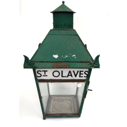 4188 - A GER Station Platform Lamp Case with “St. Olaves” nameglass. Decorative corner ears and complete wi... 