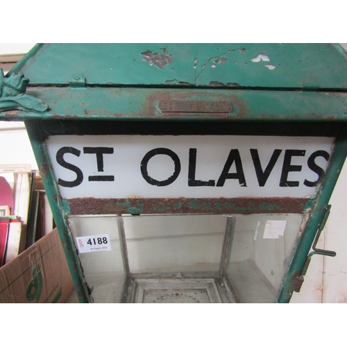 4188 - A GER Station Platform Lamp Case with “St. Olaves” nameglass. Decorative corner ears and complete wi... 