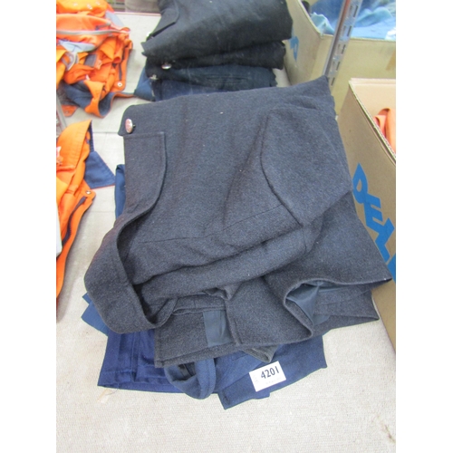 4201 - A quantity of navy blue railway drivers and guards clothing including overcoat, trousers and jackets