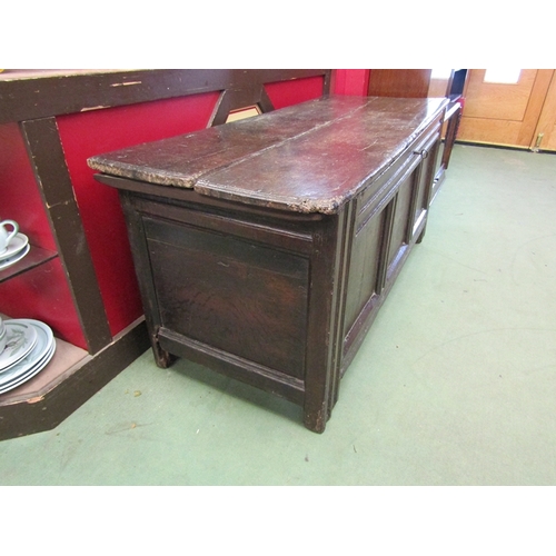 16 - A 19th Century oak three panel coffer with key, split to top, 61cm x 138cm x 54cm   (R) £50