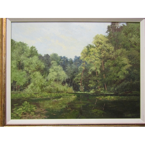 30 - RICHARD MOTLEY (XX-XXI): 'Burnham Beeches', lake scene, oil on canvas, 44cm x 59cm, gilt brushed fra... 