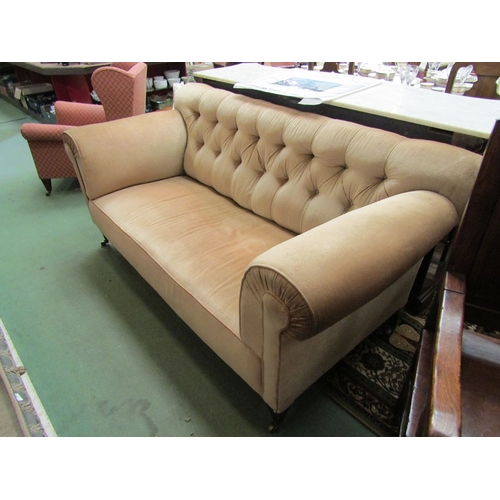 159 - Circa 1860 a Howards style country house sofa the button back rest and scroll arms on square taperin... 