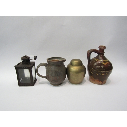 285 - A lidded brass ginger jar, lantern stoneware flagon and tankard (4)