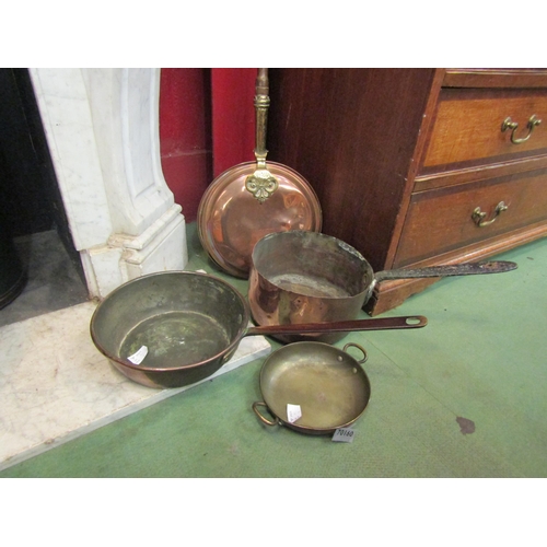 153 - A selection of copper wares including bed warmer, saucepan, frying pan and twin handled dish (4)