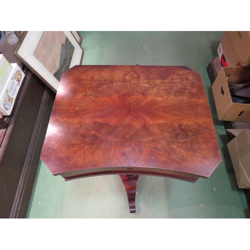 213 - A circa 1840 flame mahogany concave front work table with well fitted interior over a turned and aca... 