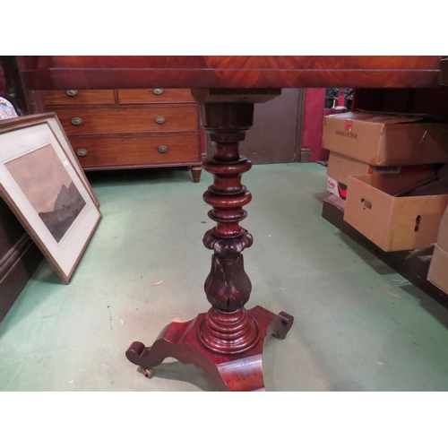 213 - A circa 1840 flame mahogany concave front work table with well fitted interior over a turned and aca... 