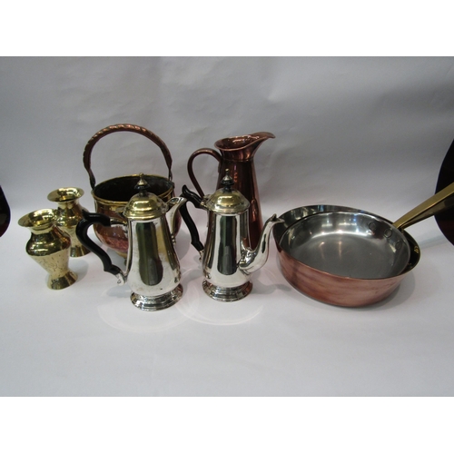 288 - A collection of metal wares, two copper and brass pans, etc