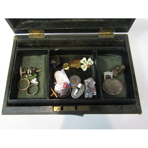 298 - A jewellery box with contents including an Acme double pipe whistle, 9ct gold sweetheart brooch, 194... 