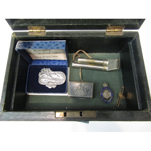 298 - A jewellery box with contents including an Acme double pipe whistle, 9ct gold sweetheart brooch, 194... 