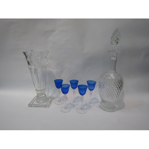 382 - A set of five blue-bowled liqueur glasses, a cut glass decanter and a cut glass vase   (E) £25-35