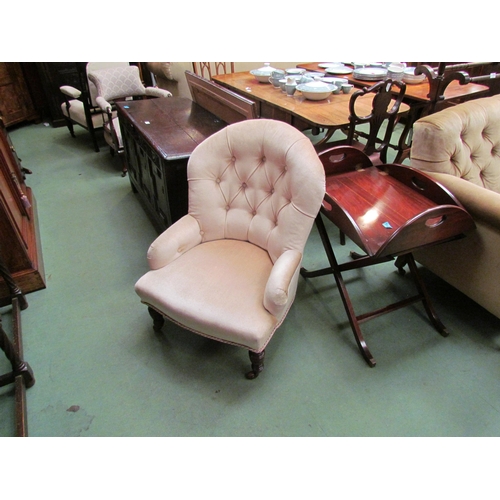 170 - A Circa 1900 rounded top button backrest bedroom armchair the serpentine front seat over ring turned... 