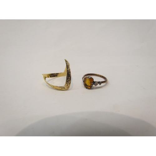 329 - A 9ct gold half-engraved wishbone ring and a silver and 9ct gold costume ring