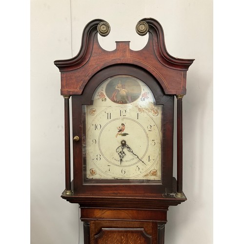 1061 - A T. Mawkes of Belper long case clock, oak and mahogany cased, swan neck pediment, Arabic hand paint... 