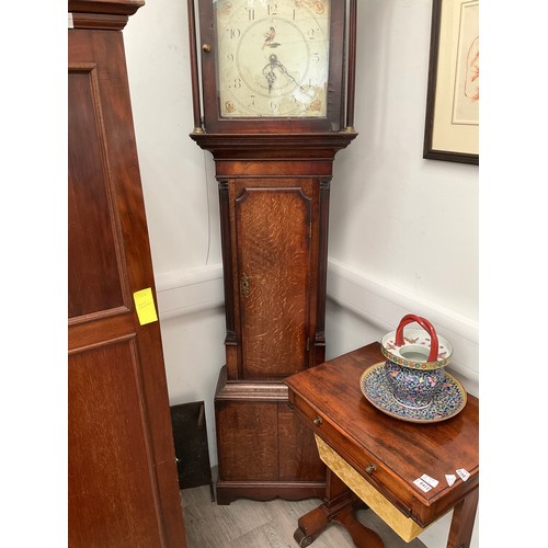 1061 - A T. Mawkes of Belper long case clock, oak and mahogany cased, swan neck pediment, Arabic hand paint... 