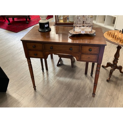 1087 - A Victorian mahogany writing table, five frieze drawers, turned legs, one knob missing, 78cm tall x ... 