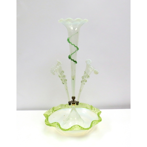 1134 - A Victorian glass three trumpet epergne with wavy dish base, part of spiral detail missing     (R) £... 