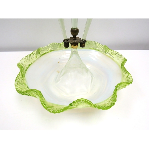 1134 - A Victorian glass three trumpet epergne with wavy dish base, part of spiral detail missing     (R) £... 