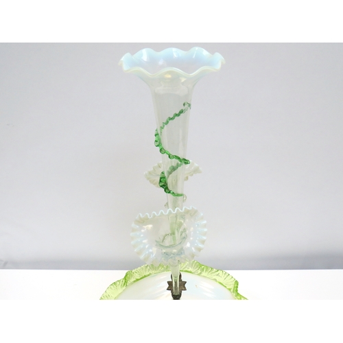 1134 - A Victorian glass three trumpet epergne with wavy dish base, part of spiral detail missing     (R) £... 