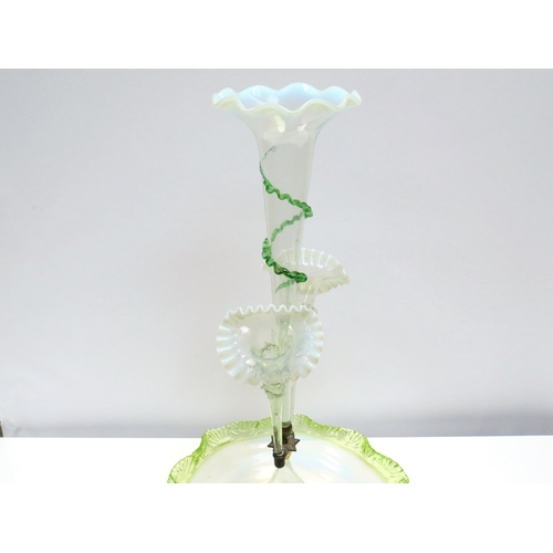 1134 - A Victorian glass three trumpet epergne with wavy dish base, part of spiral detail missing     (R) £... 