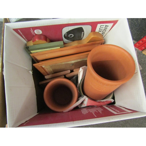 1208 - A box of miscellaneous including ceramic chicken, pictures, terracotta wine coolers etc