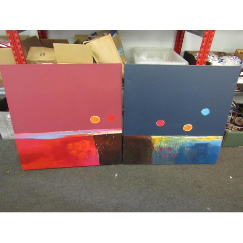 1197 - A pair of acrylics on canvas, abstracts titled Pilgrim I and II indistinctly signed verso and dated ... 