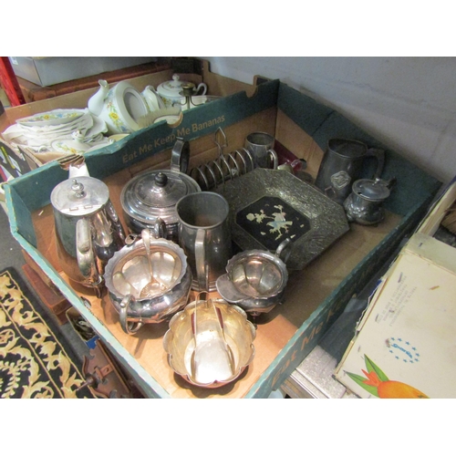 1225 - A box of mostly plated wares including tea wares, toast rack, dressing table set