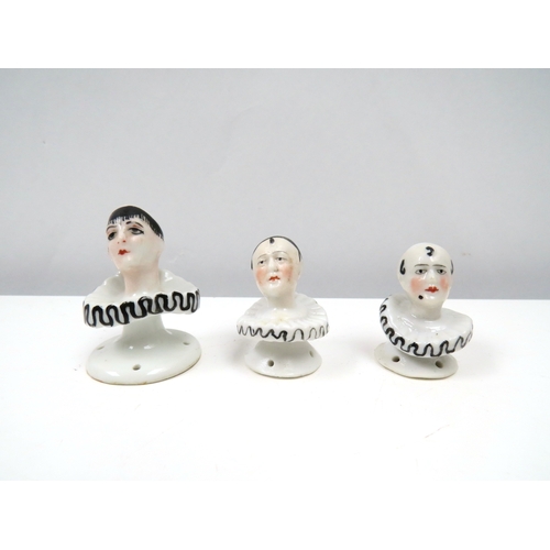 1311 - Three Pierrette china doll heads, 4cm & 5cm tall