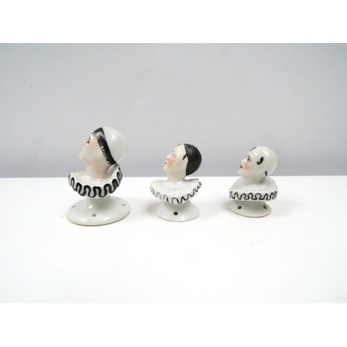 1311 - Three Pierrette china doll heads, 4cm & 5cm tall