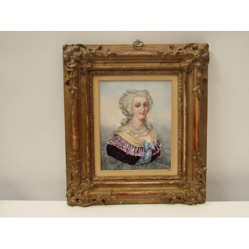 1313 - A 19th Century portrait of an aristocrat lady wearing pearls, painted on porcelain, 12cm x 9.5cm   (... 