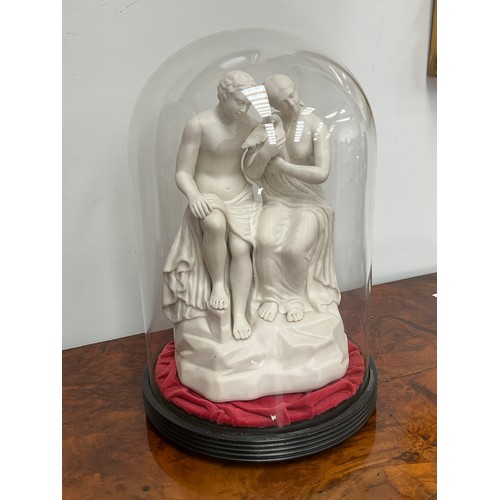 1335 - A Parian porcelain figural group of courting couple with dove, housed under a glass dome, 25cm tall ... 