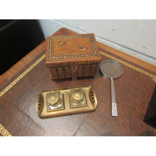 1020 - A puzzle box, magnifying glass and Art Nouveau inkwells on tray (3)