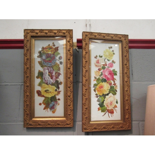 1038 - Two porcelain plaques depicting flowers in decorative gilt frames. One signed W.Rayworth. 42cm x 16c... 