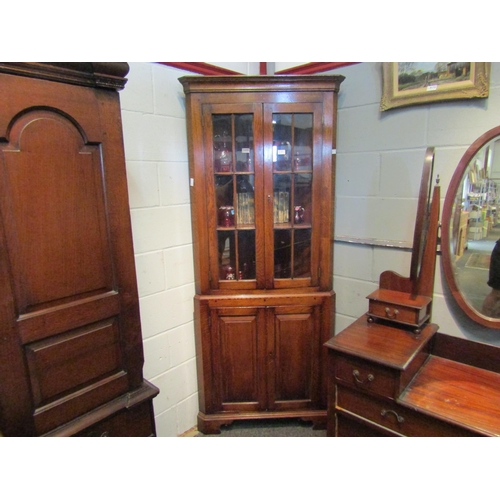 1053 - A modern oak glazed corner cabinet with bottom field panel doors. 199cm high x 84cm wide   (R) £50