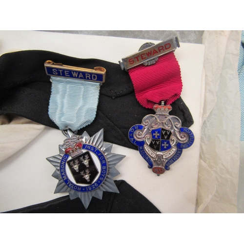 1079 - A quantity of Masonic regalia including two silver medals and apron etc