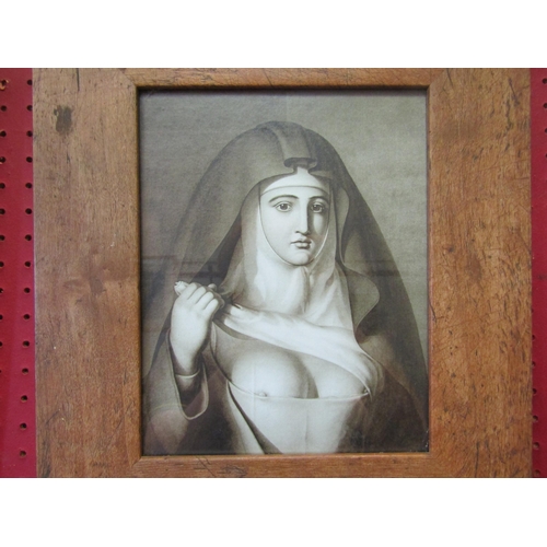 1120 - A black and white print of a revealing nun, 24cm x 19cm