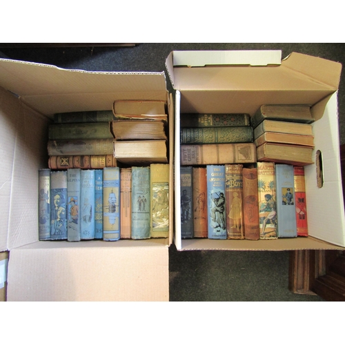 1189 - Two boxes of juvenile adventure books, mainly boys stories of derring-do, in pictorial cloth bindngs... 