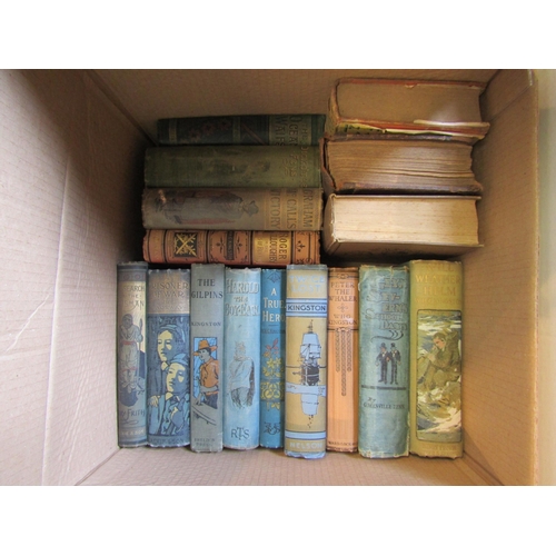 1189 - Two boxes of juvenile adventure books, mainly boys stories of derring-do, in pictorial cloth bindngs... 