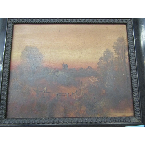 1196 - An oil on board of a landscape scene at sunset, in a black Art Nouveau frame a/f, 20cm x 25cm